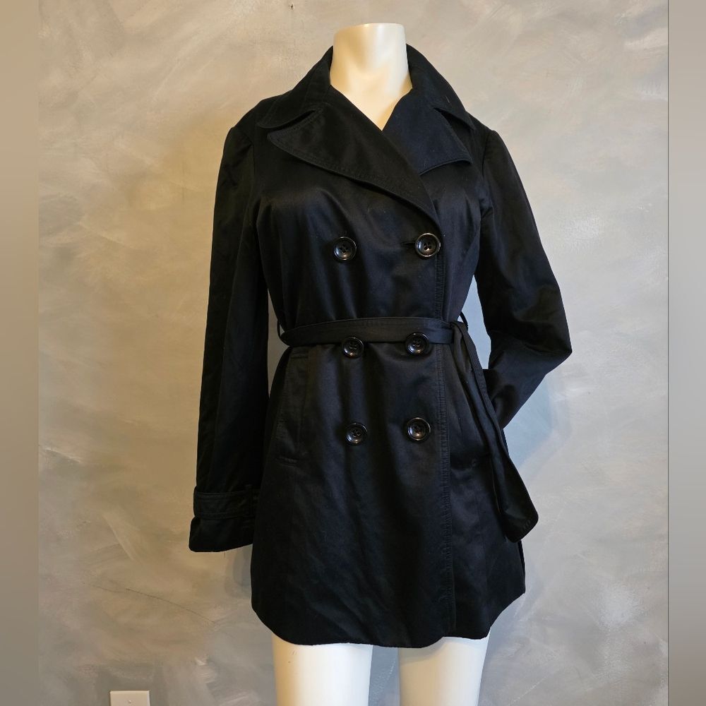WHBM Black Sheen Double-breasted belted Trench coat Womens S
